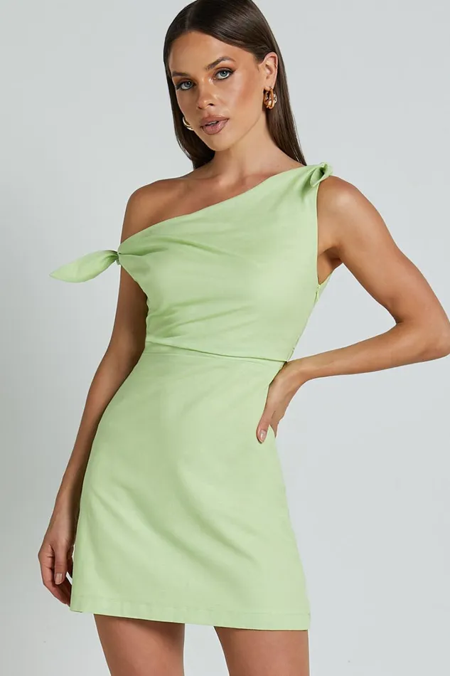 Jeofina Mini Dress 8211 Off The Shoulder Linen Look Dress In Celery Women Showpo Curve Clothes