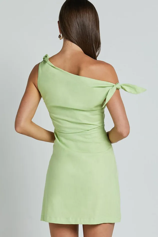 Jeofina Mini Dress 8211 Off The Shoulder Linen Look Dress In Celery Women Showpo Curve Clothes