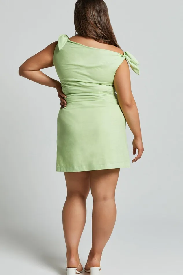 Jeofina Mini Dress 8211 Off The Shoulder Linen Look Dress In Celery Women Showpo Curve Clothes