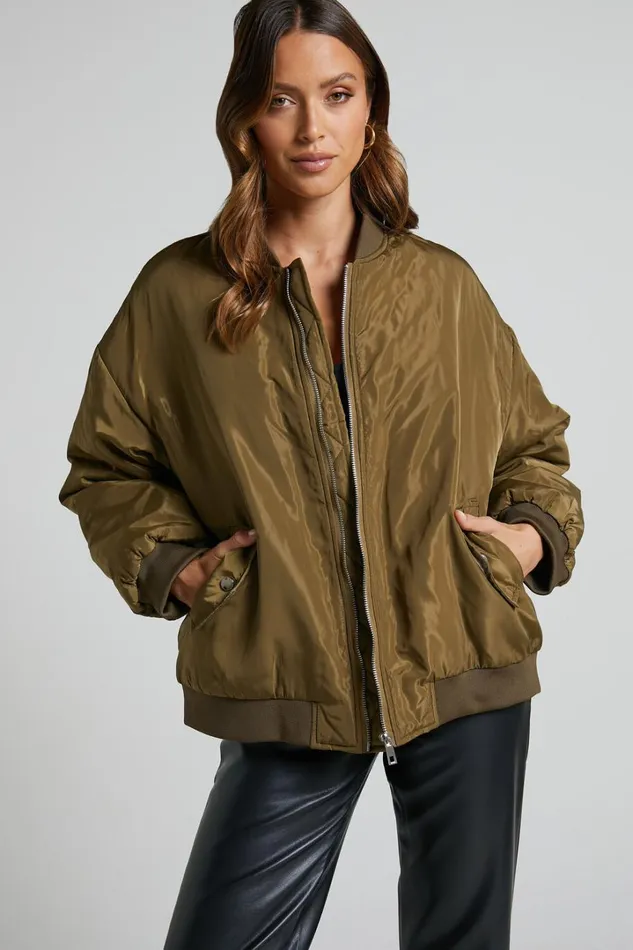 Jescinta Jacket 8211 Oversized Bomber Jacket In Olive Women Showpo Jackets and Coats