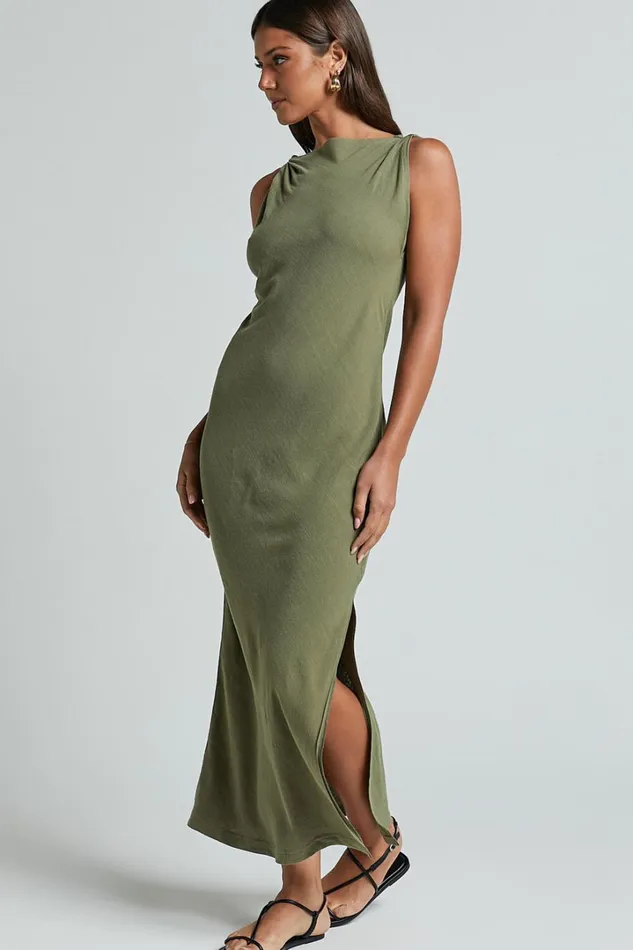 Jessenia Maxi Dress 8211 Linen Look High Neck Dress In Olive Women Showpo Dresses