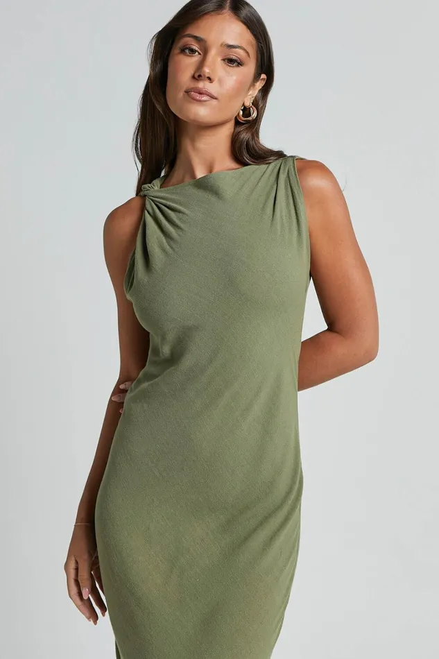 Jessenia Maxi Dress 8211 Linen Look High Neck Dress In Olive Women Showpo Dresses