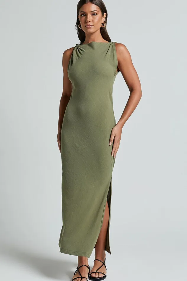Jessenia Maxi Dress 8211 Linen Look High Neck Dress In Olive Women Showpo Dresses