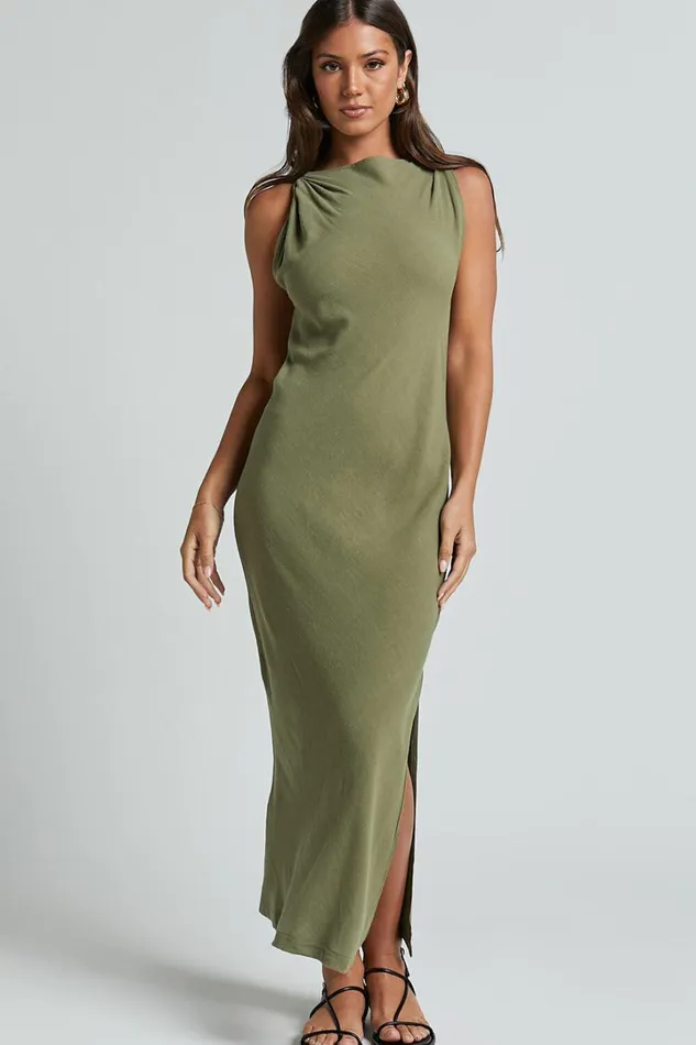 Jessenia Maxi Dress 8211 Linen Look High Neck Dress In Olive Women Showpo Dresses