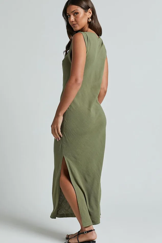Jessenia Maxi Dress 8211 Linen Look High Neck Dress In Olive Women Showpo Dresses