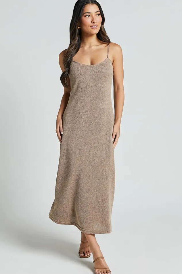 Jessie Midi Dress 8211 Knitted Strappy Scoop Neck Slip Dress In Mushroom Women Showpo Dresses Jessie Midi Dress 8211 Knitted Strappy Scoop Neck Slip Dress In Mushroom Women Showpo Dresses