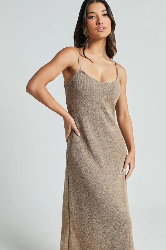 Jessie Midi Dress 8211 Knitted Strappy Scoop Neck Slip Dress In Mushroom Women Showpo Dresses