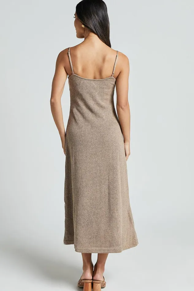 Jessie Midi Dress 8211 Knitted Strappy Scoop Neck Slip Dress In Mushroom Women Showpo Dresses