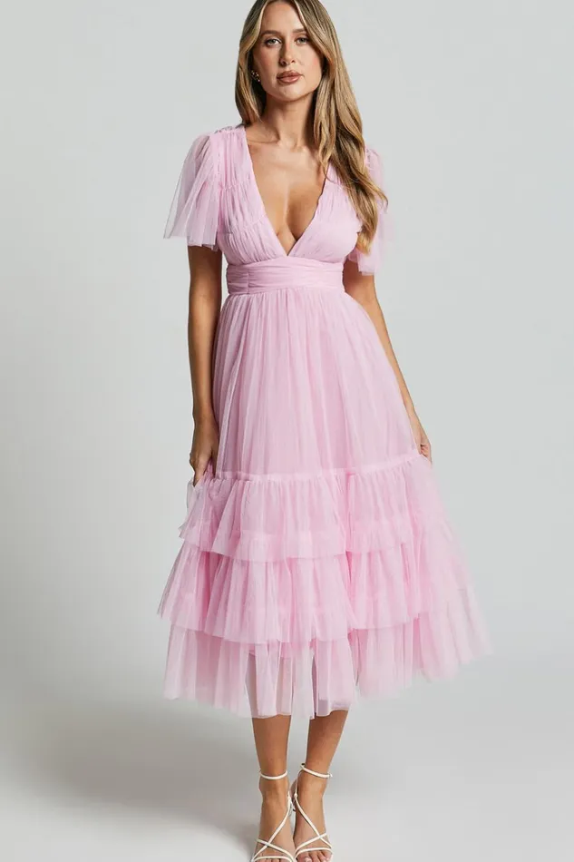 Jiraye Midi Dress 8211 Flutter Sleeve Tuelle Plunge Dress In Ballet Pink Women Showpo Curve Clothes Jiraye Midi Dress 8211 Flutter Sleeve Tuelle Plunge Dress In Ballet Pink Women Showpo Curve Clothes