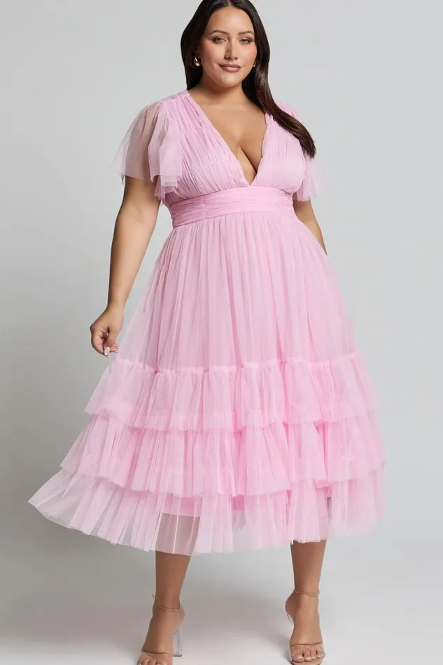 Jiraye Midi Dress 8211 Flutter Sleeve Tuelle Plunge Dress In Ballet Pink Women Showpo Curve Clothes
