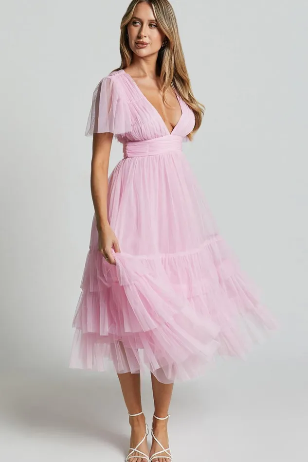 Jiraye Midi Dress 8211 Flutter Sleeve Tuelle Plunge Dress In Ballet Pink Women Showpo Curve Clothes
