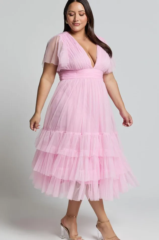 Jiraye Midi Dress 8211 Flutter Sleeve Tuelle Plunge Dress In Ballet Pink Women Showpo Curve Clothes