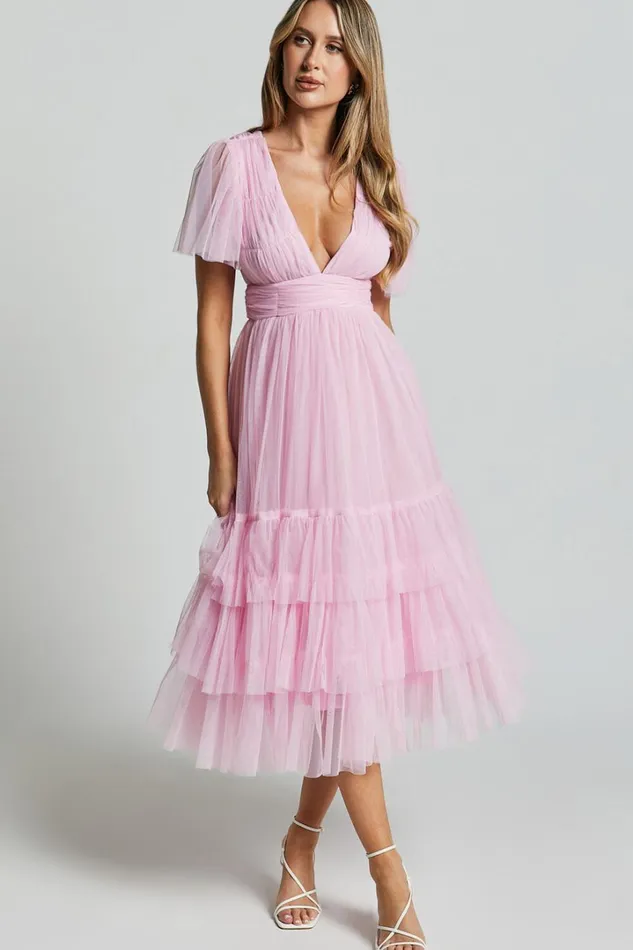 Jiraye Midi Dress 8211 Flutter Sleeve Tuelle Plunge Dress In Ballet Pink Women Showpo Curve Clothes