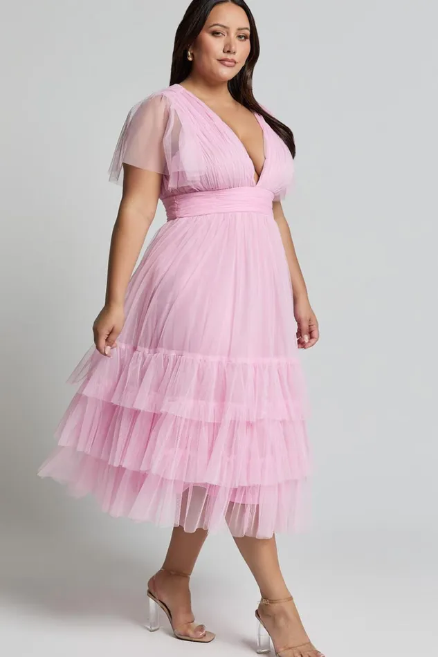 Jiraye Midi Dress 8211 Flutter Sleeve Tuelle Plunge Dress In Ballet Pink Women Showpo Curve Clothes