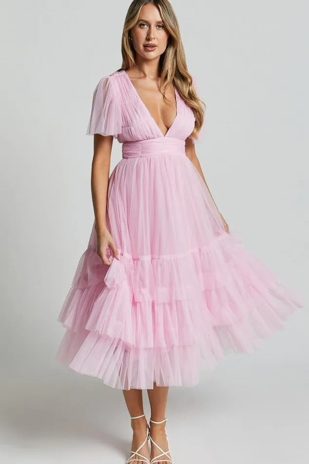 Jiraye Midi Dress 8211 Flutter Sleeve Tuelle Plunge Dress In Ballet Pink Women Showpo Curve Clothes