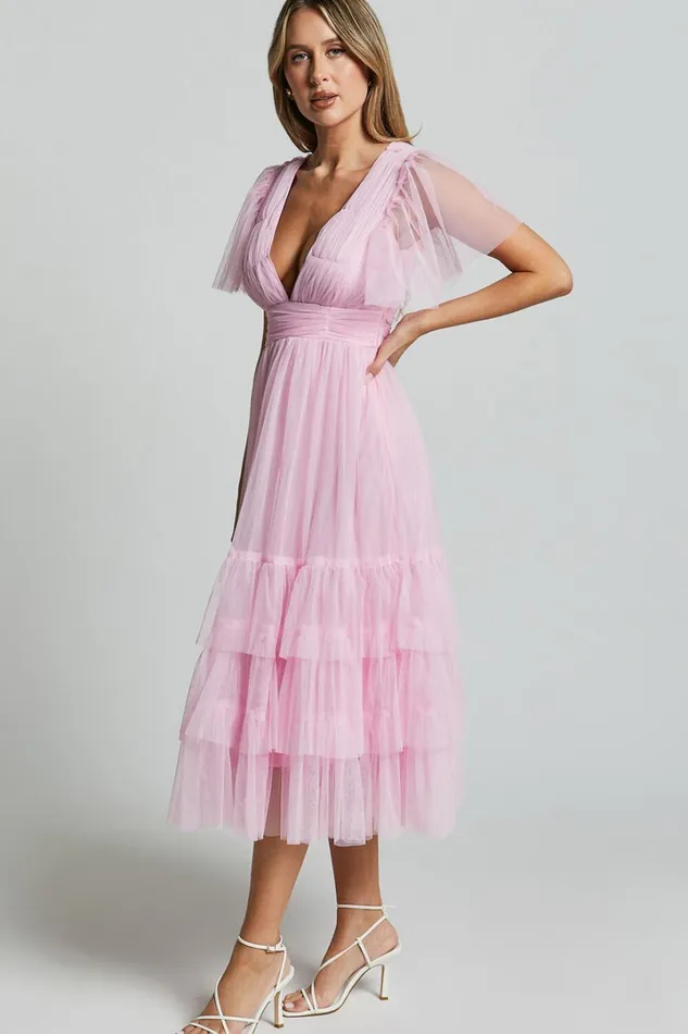 Jiraye Midi Dress 8211 Flutter Sleeve Tuelle Plunge Dress In Ballet Pink Women Showpo Curve Clothes