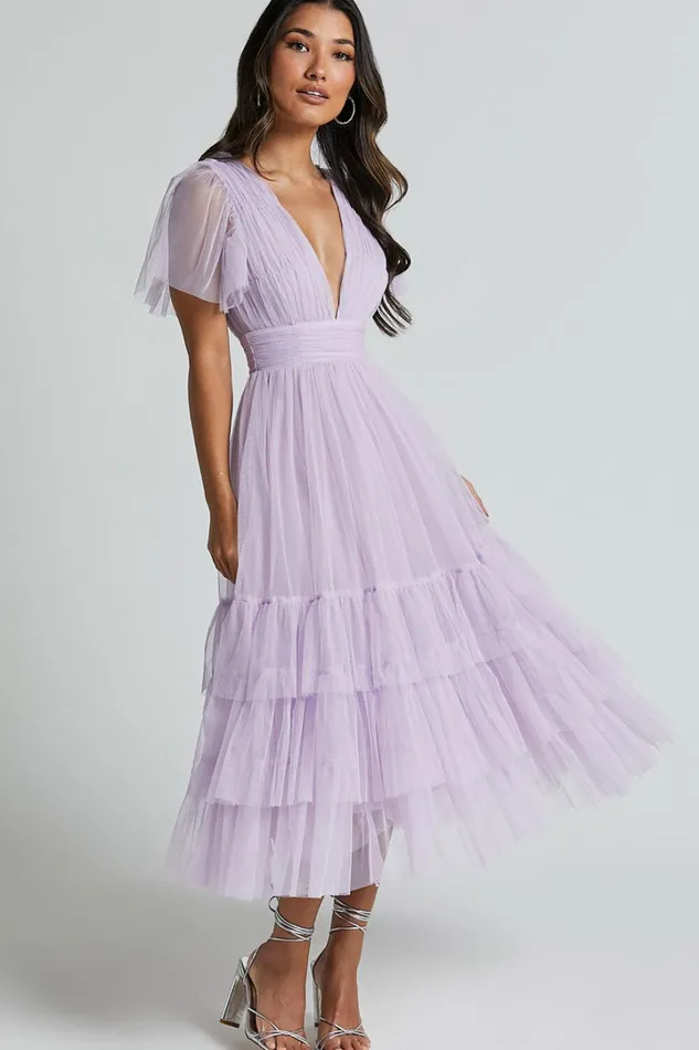 Jiraye Midi Dress 8211 Flutter Sleeve Tuelle Plunge Dress In Lilac Women Showpo Curve Clothes Jiraye Midi Dress 8211 Flutter Sleeve Tuelle Plunge Dress In Lilac Women Showpo Curve Clothes