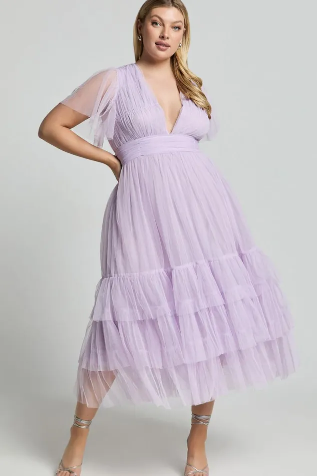 Jiraye Midi Dress 8211 Flutter Sleeve Tuelle Plunge Dress In Lilac Women Showpo Curve Clothes