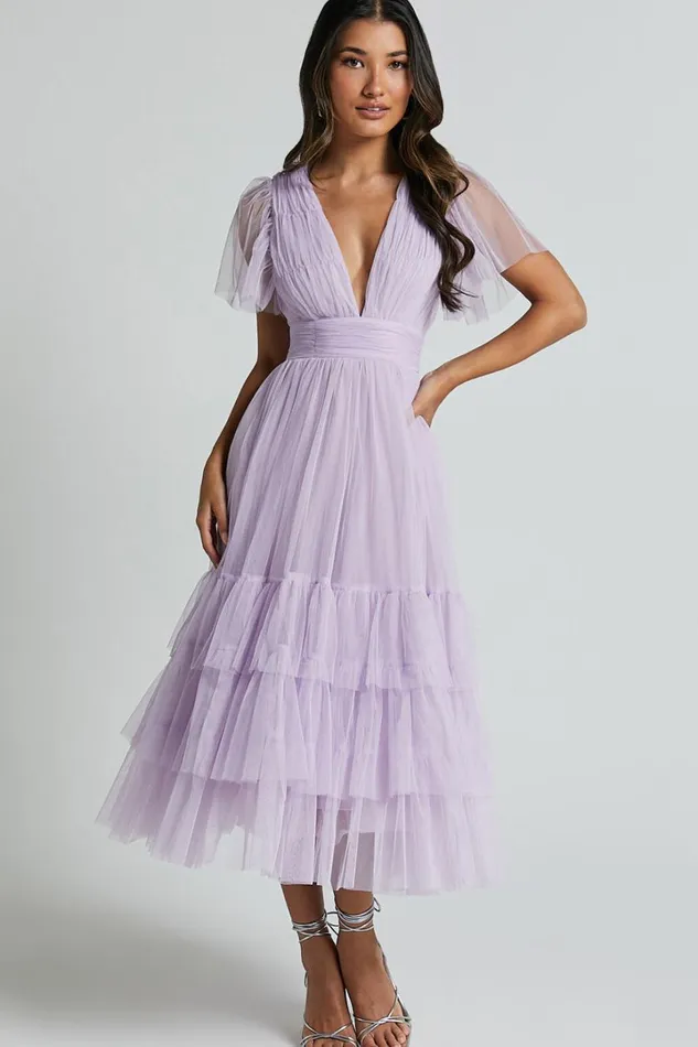 Jiraye Midi Dress 8211 Flutter Sleeve Tuelle Plunge Dress In Lilac Women Showpo Curve Clothes
