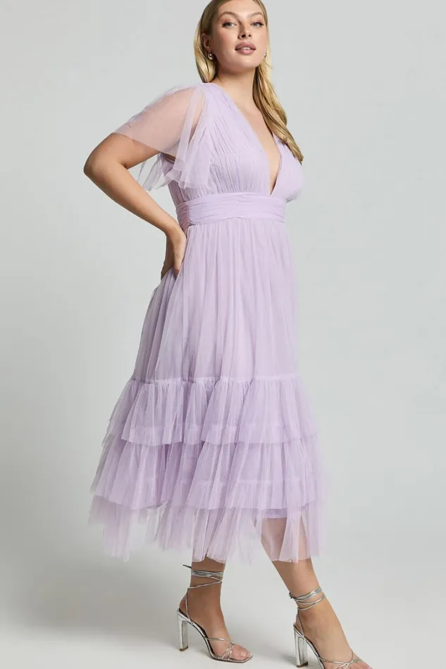 Jiraye Midi Dress 8211 Flutter Sleeve Tuelle Plunge Dress In Lilac Women Showpo Curve Clothes