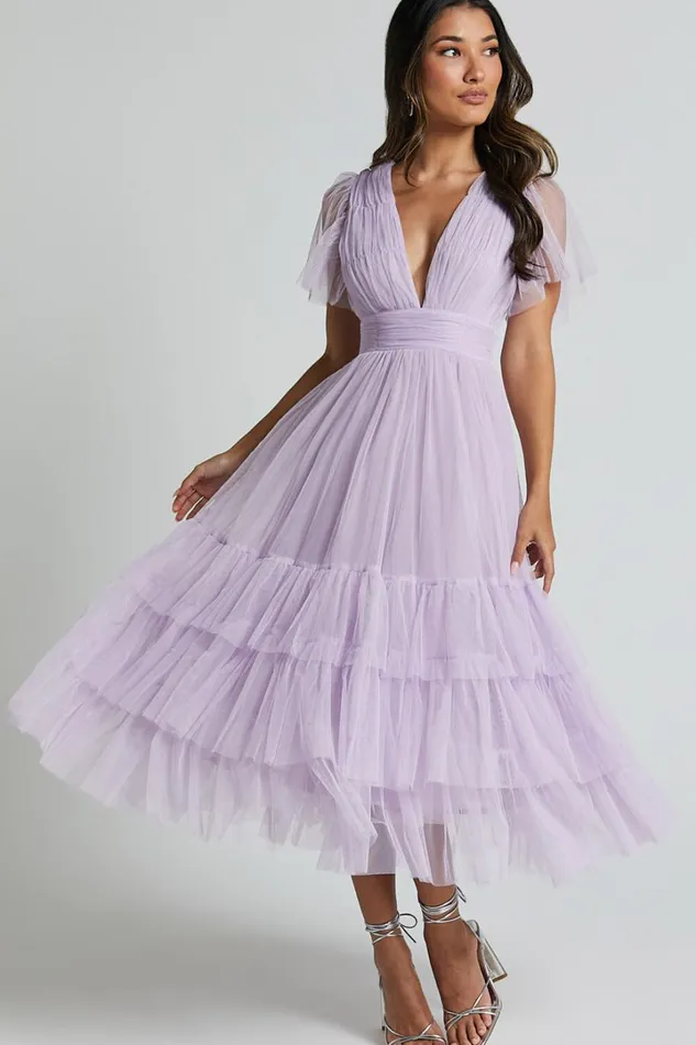 Jiraye Midi Dress 8211 Flutter Sleeve Tuelle Plunge Dress In Lilac Women Showpo Curve Clothes