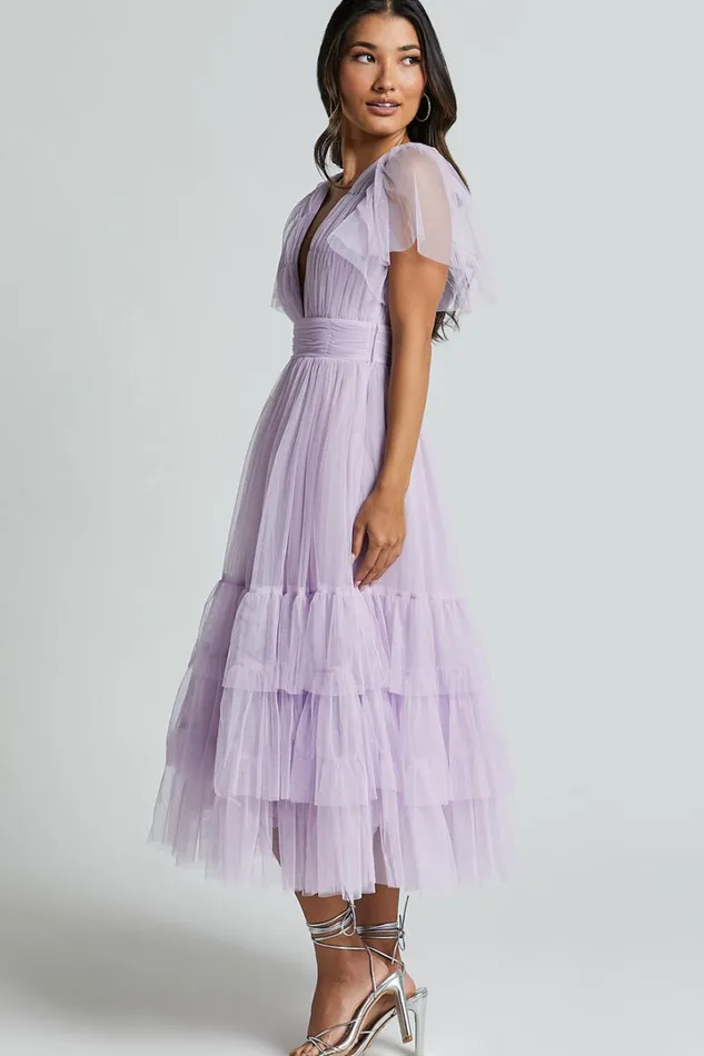 Jiraye Midi Dress 8211 Flutter Sleeve Tuelle Plunge Dress In Lilac Women Showpo Curve Clothes
