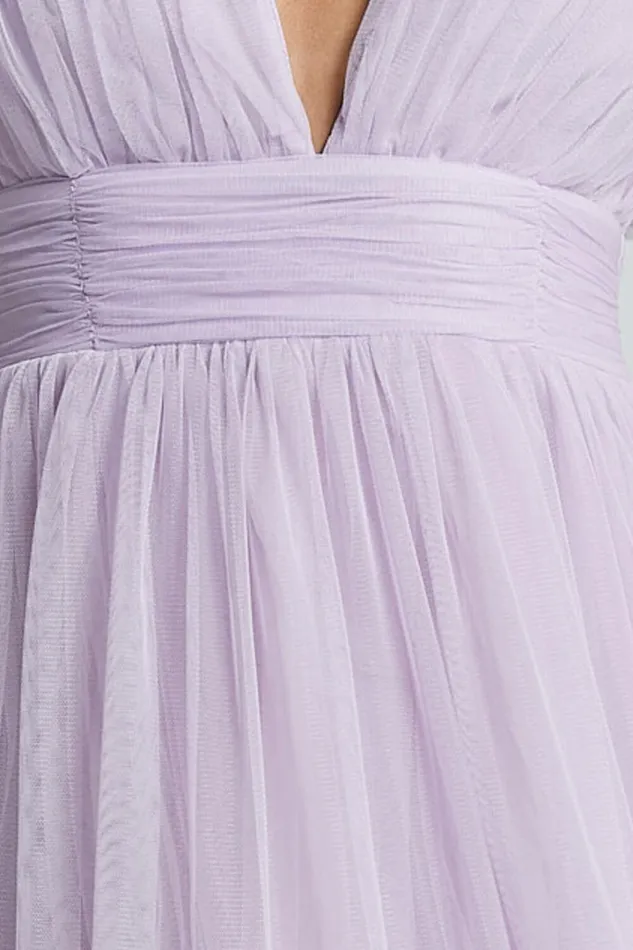 Jiraye Midi Dress 8211 Flutter Sleeve Tuelle Plunge Dress In Lilac Women Showpo Curve Clothes