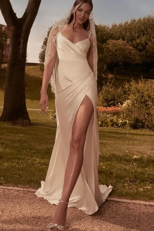 Joesa Bridal Gown 8211 Split V Neck Fixed Wrap Gown In White Women Showpo Dresses