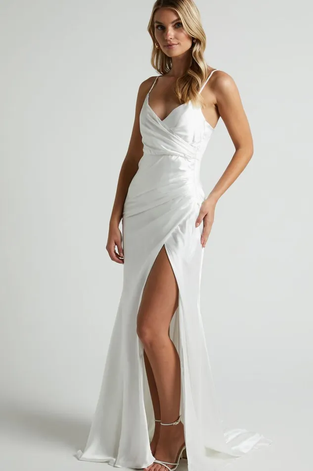 Joesa Bridal Gown 8211 Split V Neck Fixed Wrap Gown In White Women Showpo Dresses
