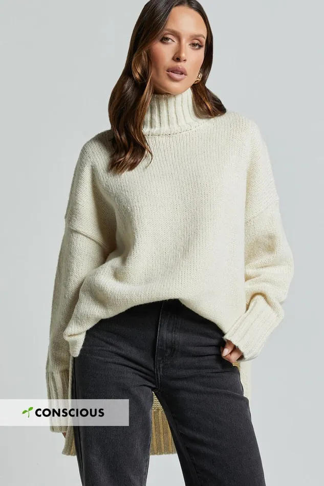 Josie Jumper 8211 Oversized Turtle Neck Recycled Knitted Jumper In Cream Women Showpo Sweaters and Cardigans