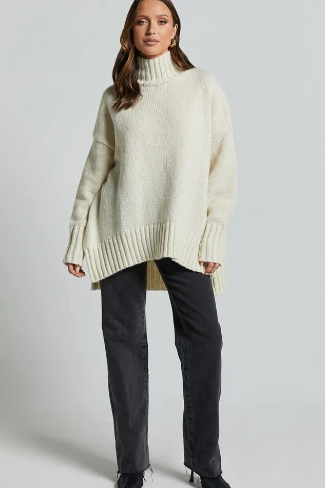 Josie Jumper 8211 Oversized Turtle Neck Recycled Knitted Jumper In Cream Women Showpo Sweaters and Cardigans