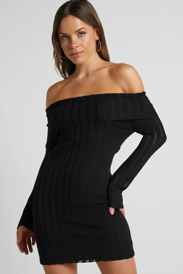 Kailah Off The Shoulder Knit Mini Dress In Black Women Showpo Dresses