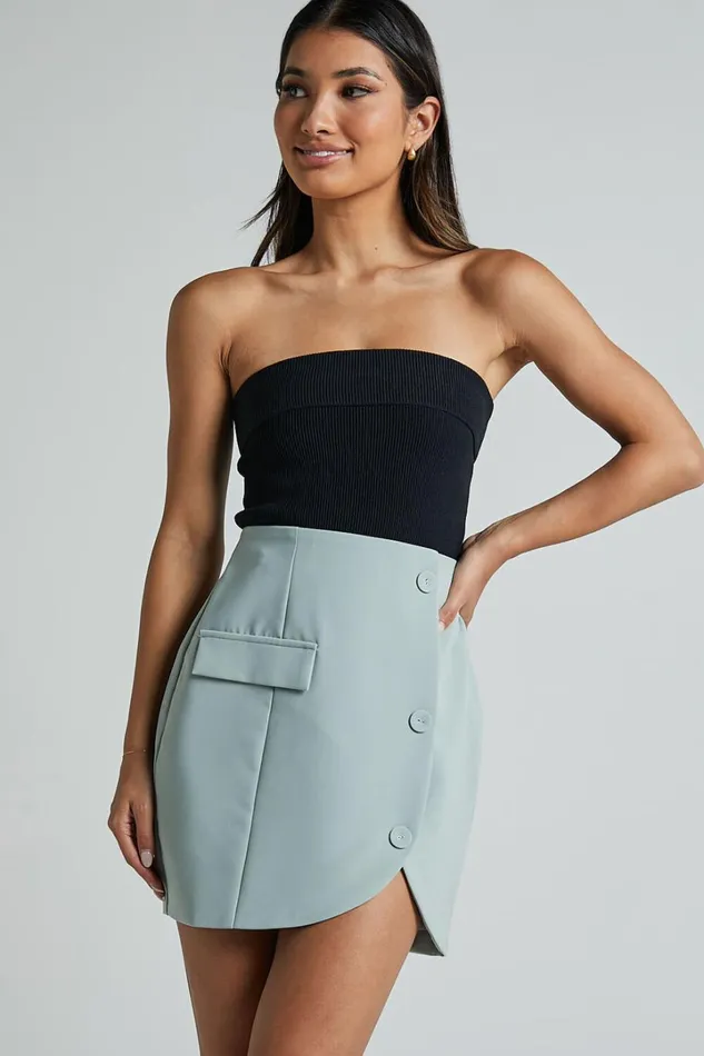 Kathia Mini Skirt 8211 Asymmetric Button Detail Skirt In Sage Women Showpo Skirts