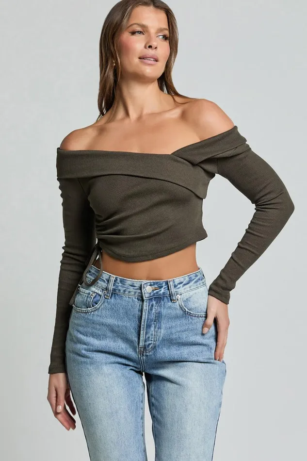 Keisha Top 8211 Asymmetrical Long Sleeve Drawstring Top In Dark Olive Women Showpo Tops