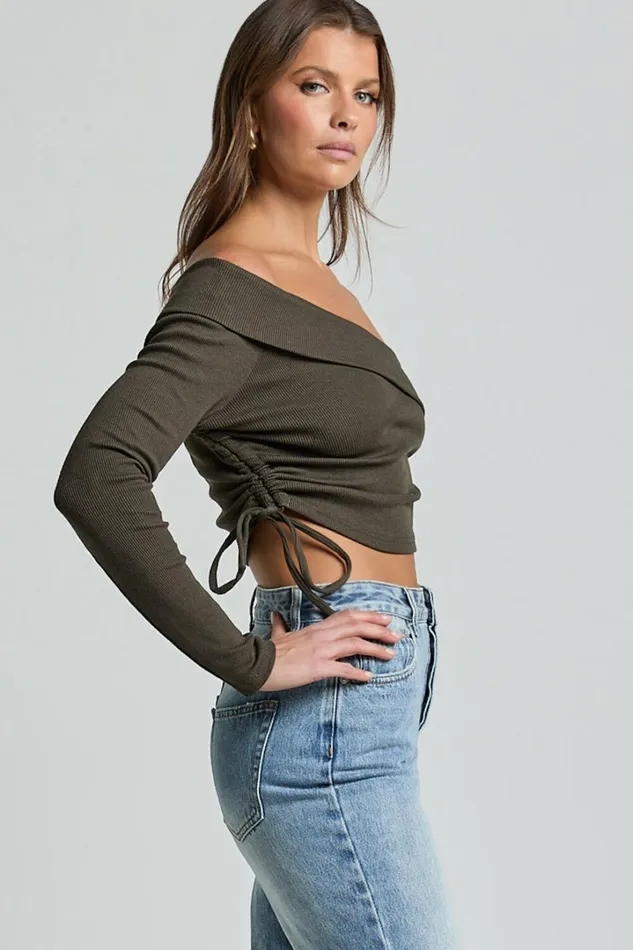 Keisha Top 8211 Asymmetrical Long Sleeve Drawstring Top In Dark Olive Women Showpo Tops