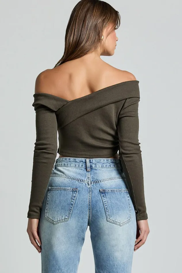 Keisha Top 8211 Asymmetrical Long Sleeve Drawstring Top In Dark Olive Women Showpo Tops
