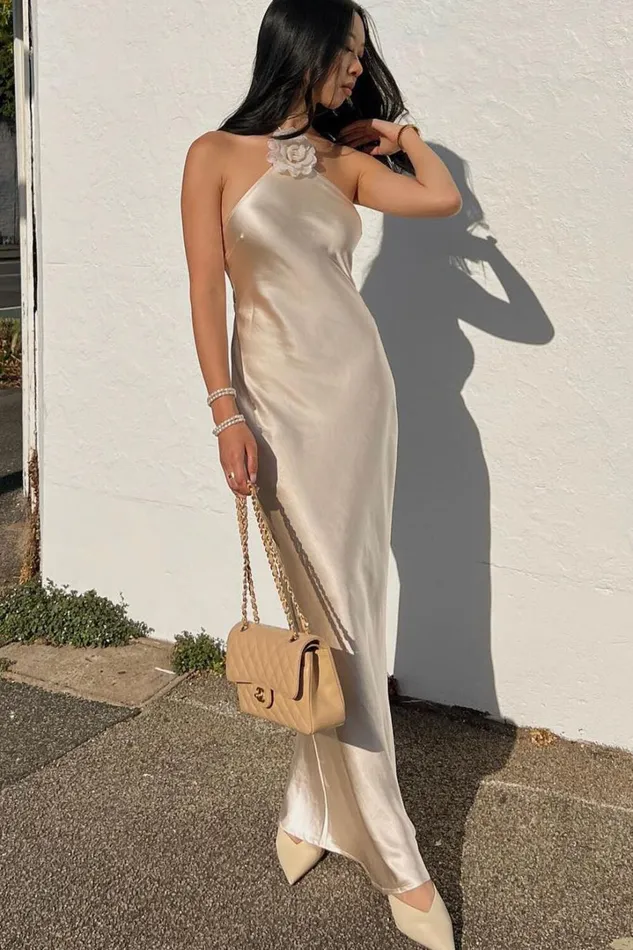 Keithy Midi Dress 8211 Rosette Halter Neck Slip Dress In Champagne Women Showpo Dresses Keithy Midi Dress 8211 Rosette Halter Neck Slip Dress In Champagne Women Showpo Dresses