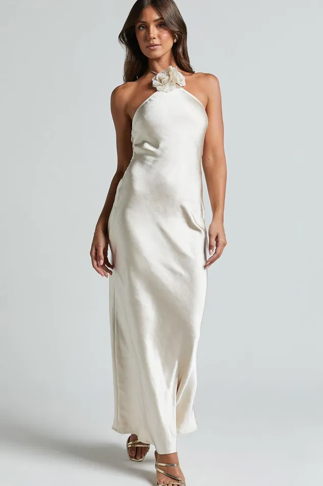 Keithy Midi Dress 8211 Rosette Halter Neck Slip Dress In Champagne Women Showpo Dresses