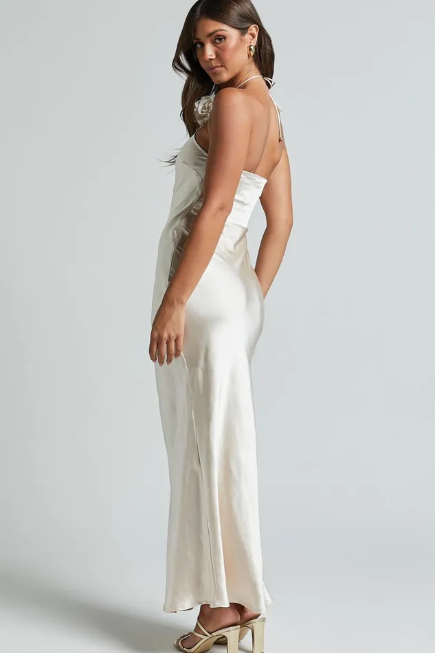 Keithy Midi Dress 8211 Rosette Halter Neck Slip Dress In Champagne Women Showpo Dresses