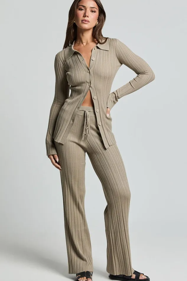 Kelsey Top 8211 Button Through Long Sleeve Knitted Top In Taupe Women Showpo Knitwear