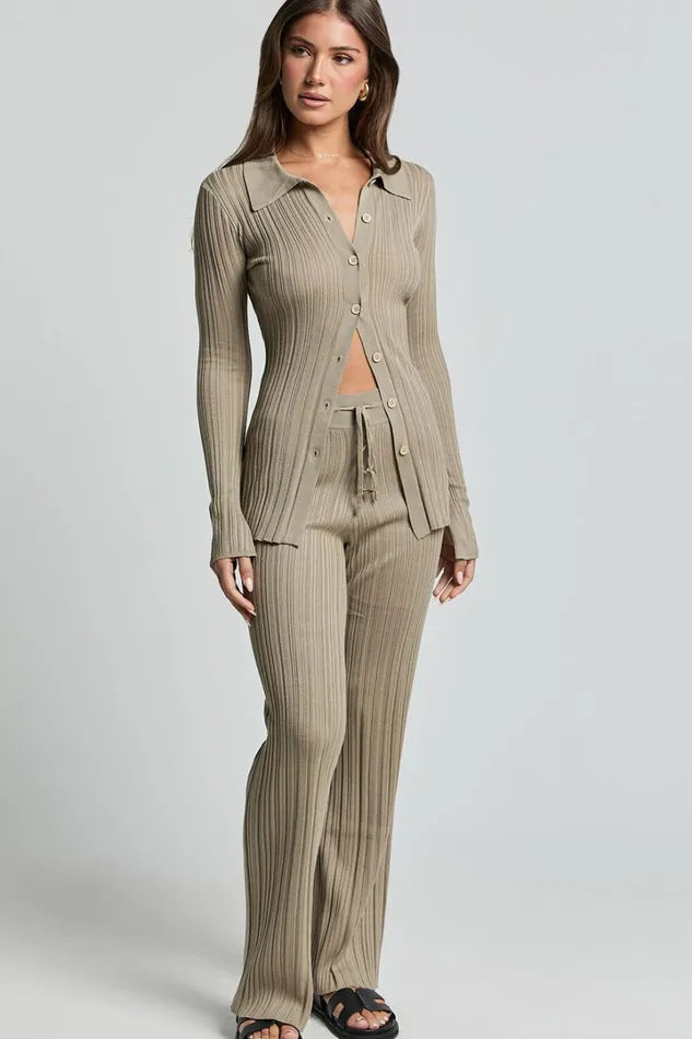 Kelsey Top 8211 Button Through Long Sleeve Knitted Top In Taupe Women Showpo Knitwear