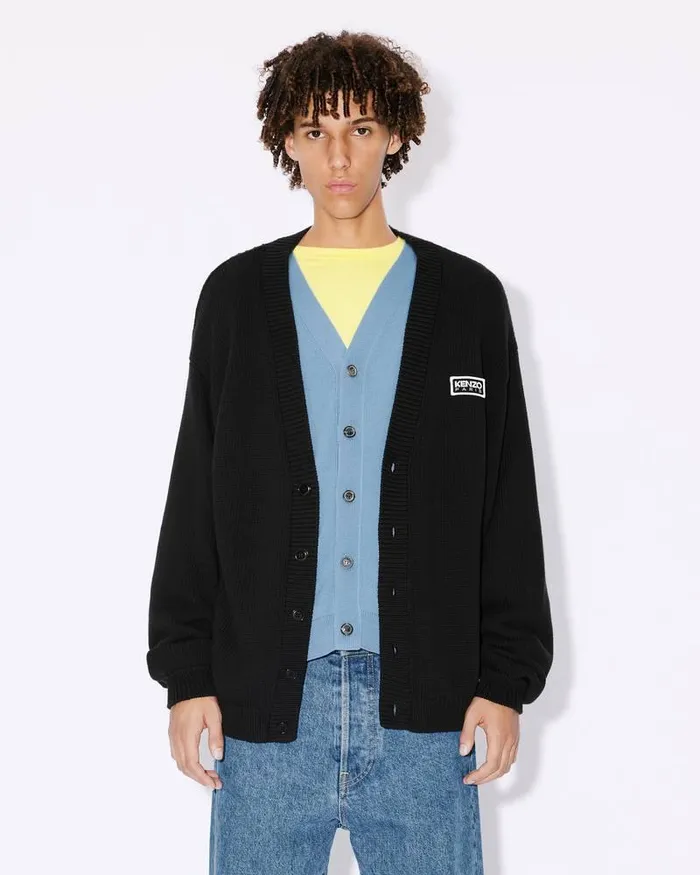 Kenzo Knitwear Men Bicolor Paris039 Embroidered Cardigan Black
