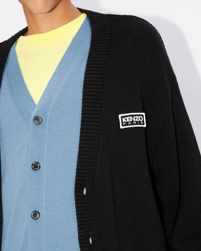 Kenzo Knitwear Men Bicolor Paris039 Embroidered Cardigan Black