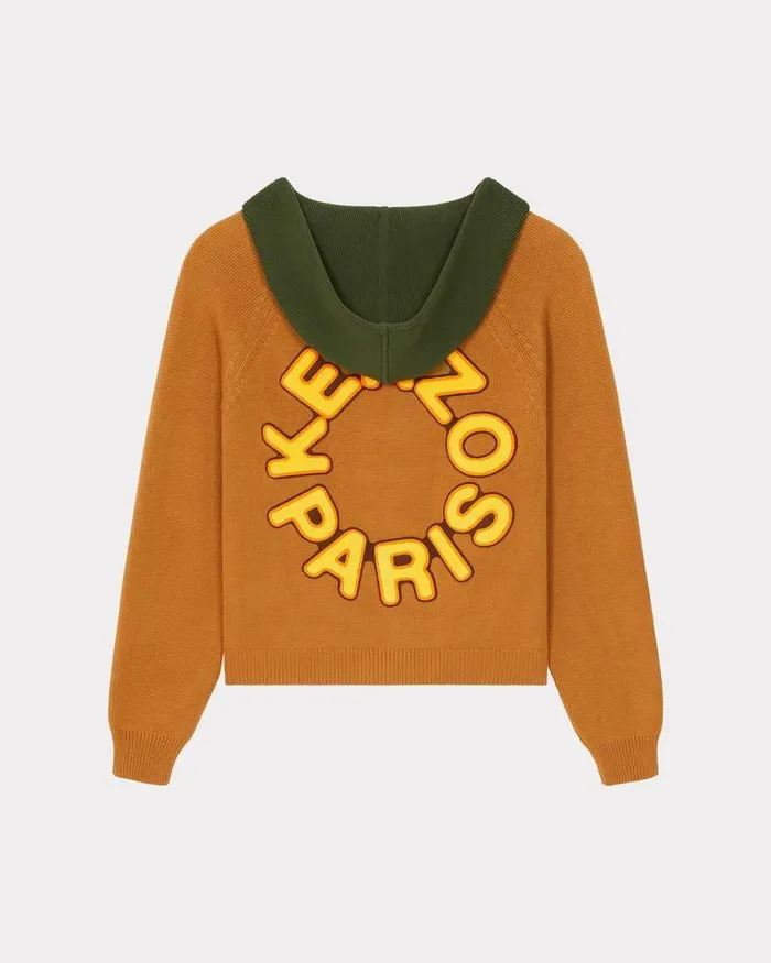 Kenzo Knitwear Men Cardigan With Colourful Hood Dark Camel