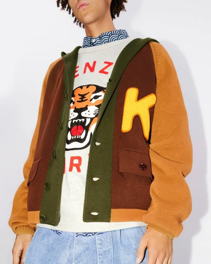 Kenzo Knitwear Men Cardigan With Colourful Hood Dark Camel