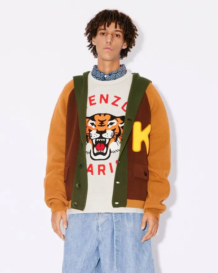 Kenzo Knitwear Men Cardigan With Colourful Hood Dark Camel