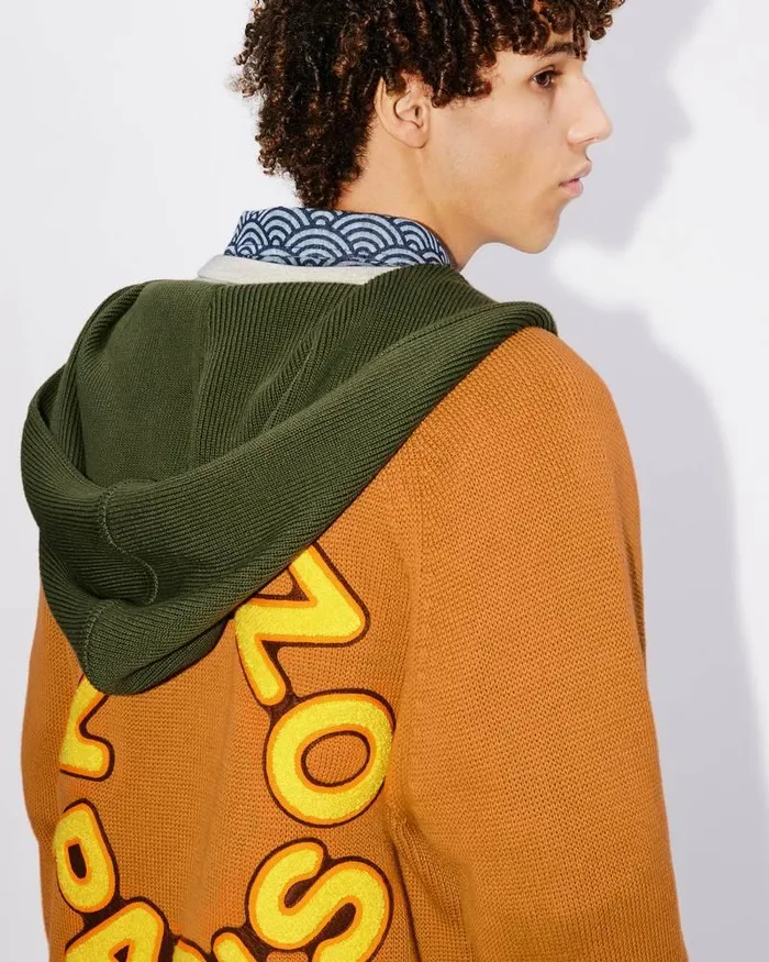Kenzo Knitwear Men Cardigan With Colourful Hood Dark Camel