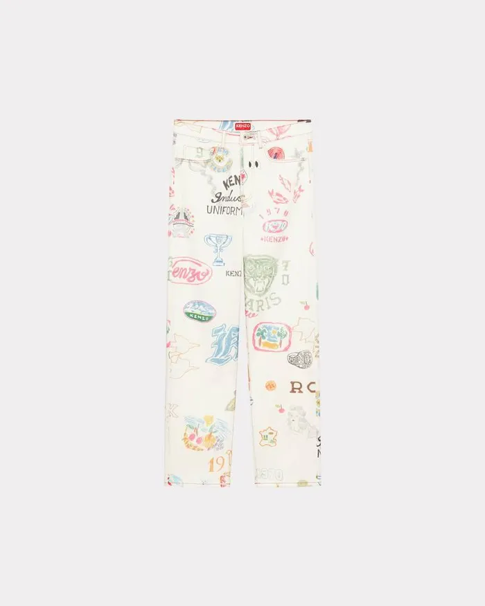 Kenzo Pants And Shorts Men Drawn Varsity039 ASAGAO Straightleg Denim Pants Multicolor
