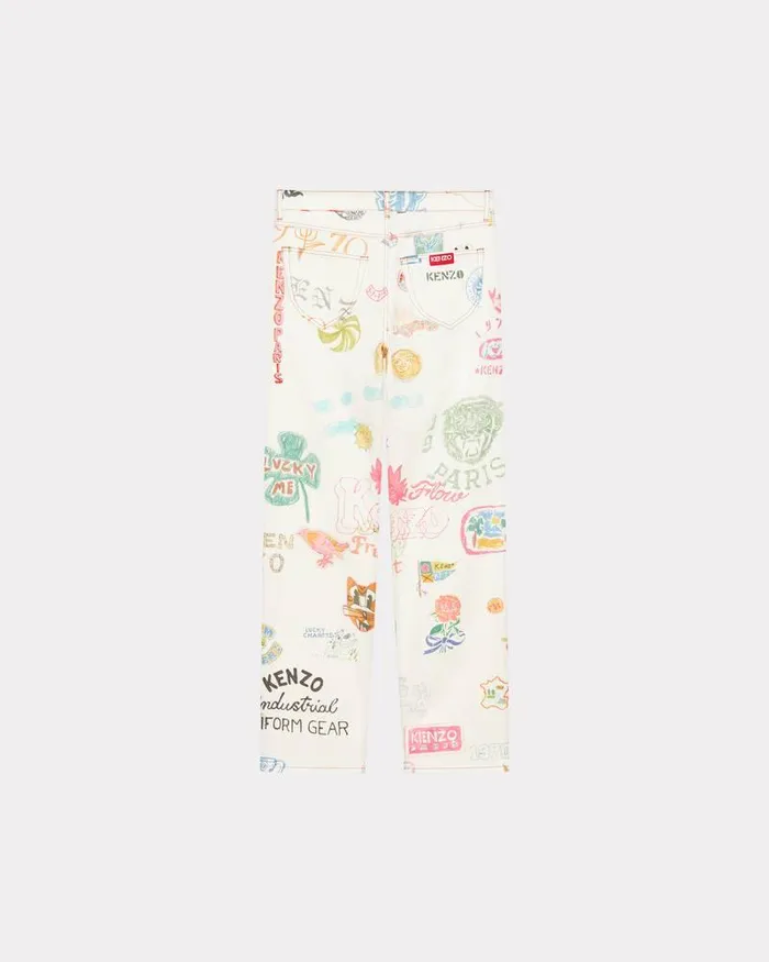 Kenzo Pants And Shorts Men Drawn Varsity039 ASAGAO Straightleg Denim Pants Multicolor