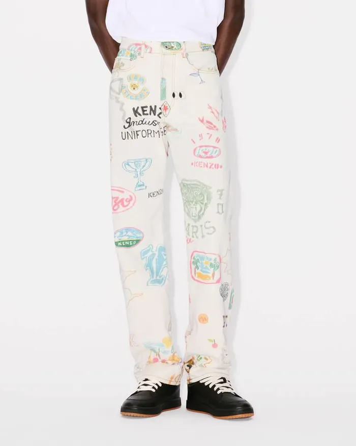 Kenzo Pants And Shorts Men Drawn Varsity039 ASAGAO Straightleg Denim Pants Multicolor